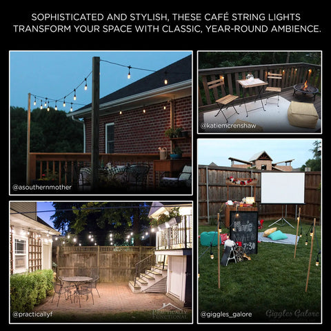 Cozy Cafe Style Outdoor String Lights With 48 Ft Black Cord 24 Shatterproof Acrylic Edison Bulbs Weatherproof For Patio Deck Garden Bars And Cafes Warm White Ambience For Indoor Or Outdoor Parties displayed in various backyard settings