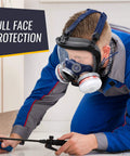 Person wearing Replaceable Filter Cartridges Set For 80mm Full Face Masks, Dual Filters Pack with blue uniform.