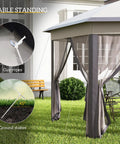 13 By 13 Pop Up Gazebo With Mesh Screen Walls And Zippered Netting Portable Steel Frame Outdoor Event Tent For Patio Garden Weddings And Parties In Coffee Beige side view with ground stakes and guy ropes