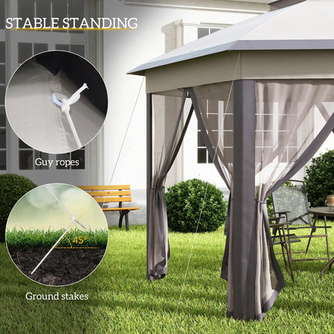 13 By 13 Pop Up Gazebo With Mesh Screen Walls And Zippered Netting Portable Steel Frame Outdoor Event Tent For Patio Garden Weddings And Parties In Coffee Beige side view with ground stakes and guy ropes