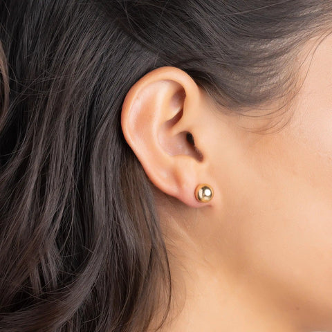 18K Gold Plated Ball Stud Earrings Set, 5 Piece, Sizes 3mm To 10mm, High Polish Finish, Tarnish Resistant, Comfortable Everyday Wear To Any Outfit, Dope Sparkle Gold Tone Jewelry Gift, single gold ball stud on ear