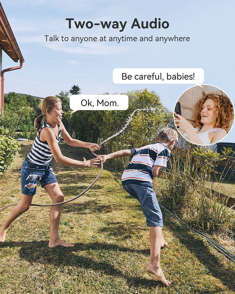 Child playing with water hose through two-way audio feature of Outdoor Security Camera With 3MP Color Night Vision, Two Way Audio.