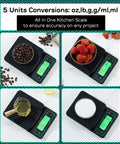0.1g Precision Coffee Scale With Timer, 3Kg Digital Kitchen Scale With Large LCD displaying coffee beans, strawberries, honey, flour