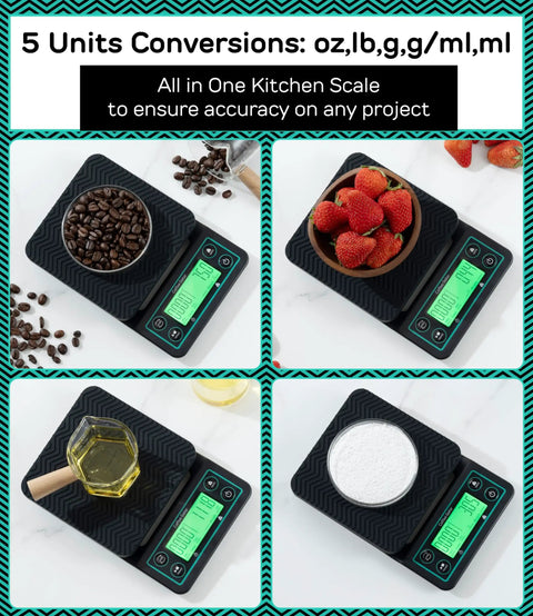 0.1g Precision Coffee Scale With Timer, 3Kg Digital Kitchen Scale With Large LCD displaying coffee beans, strawberries, honey, flour