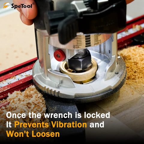 SpeTool router bushing guide set with brass bushings mounted in aluminum base, front view.