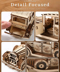 Paintable 3D Wooden Vintage Car Puzzle For Adults No Glue Required 187 Piece Build Your Own Classic Car Model, close-up of wooden wheels and cabin