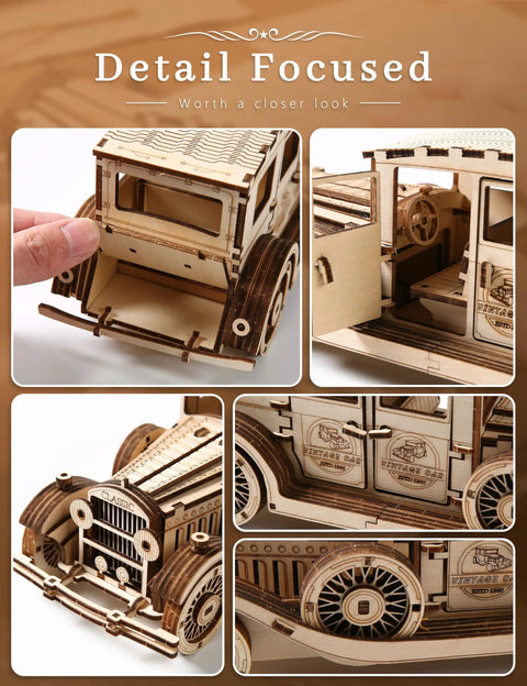 Paintable 3D Wooden Vintage Car Puzzle For Adults No Glue Required 187 Piece Build Your Own Classic Car Model, close-up of wooden wheels and cabin