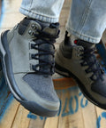 Elastic No Tie Shoe Laces With Screw Lock System Turn Your Shoes Into Quick Slip Ons Grab And Go Comfort For Adults Kids And Seniors Never Tie Your Laces Again Two Pairs Of Stretchy Hassle Free Lacing. Gray hiking shoe with black elastic no-tie laces and screw lock closure
