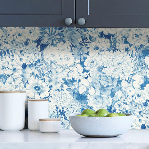 Indigo Empress Garden Peel And Stick Wallpaper Blue Floral Look For Walls Easy Application And Repositionable No Residue Removable