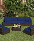 7 Piece Outdoor Wicker Patio Furniture Set for Six With Cushions, 2 Throw Pillows, Sofa Fastener Clips, Rattan Sectional in backyard
