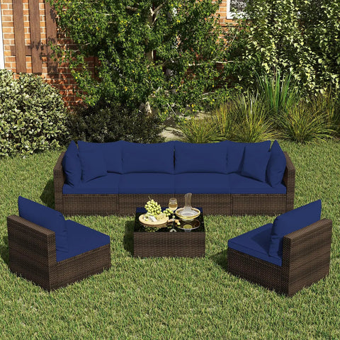7 Piece Outdoor Wicker Patio Furniture Set for Six With Cushions, 2 Throw Pillows, Sofa Fastener Clips, Rattan Sectional in backyard