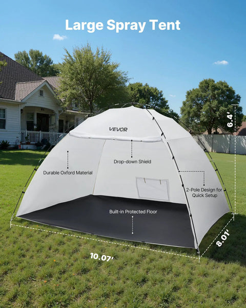 Portable Paint Booth Tent With Built In Floor And Mesh Screen Huge 115.35 By 90.55 By 74 Inch Spray Shelter in a garden setting.