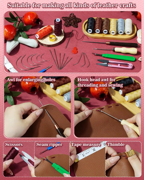 Eight Color Waxed Thread Leather Sewing Kit With 30m Spools For Pro Grade Upholstery Repairs, tools and threads layout.