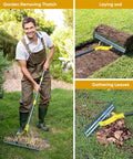Collage showing 15 Inch Steel Lawn Dethatcher With Handle Heavy Duty Rake For Thatch Removal And Soil Aeration in use for lawn care tasks