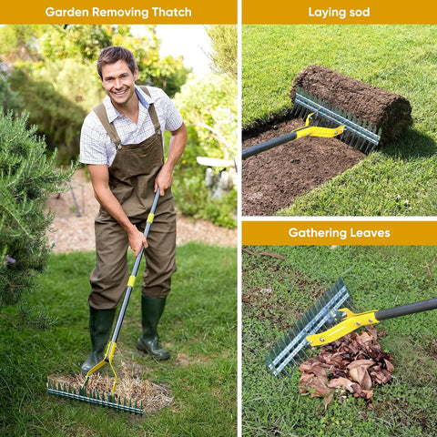 Collage showing 15 Inch Steel Lawn Dethatcher With Handle Heavy Duty Rake For Thatch Removal And Soil Aeration in use for lawn care tasks