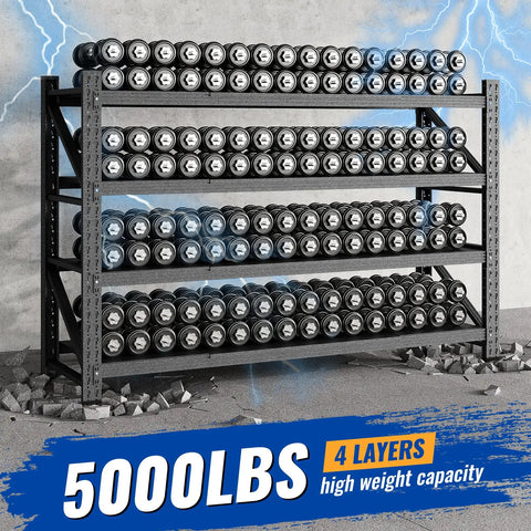 Industrial Heavy Duty Garage Shelves 71 Inch Wide Metal Storage Racks With 5000 Lb Capacity Adjustable Shelving displaying weights