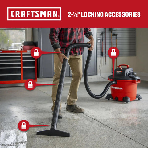 16 Gallon 6.5 Peak HP Wet Dry Shop Vacuum With Built In Blower Port being used in a garage on a wet floor