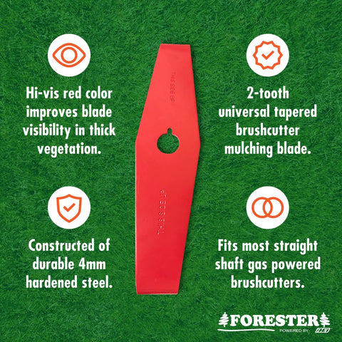 Image of a red 12 Inch Universal Mulching Blade For Weedeater And Brush Cutter Attachment with descriptions on durability and compatibility.