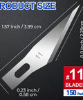Dimensions of Pro Grade Number Eleven Exacto Knife Blades Set, 150 Pieces, shown on a single blade with measurements.