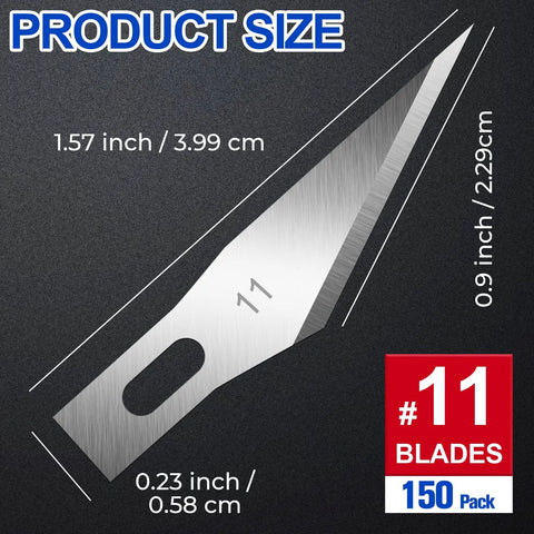 Dimensions of Pro Grade Number Eleven Exacto Knife Blades Set, 150 Pieces, shown on a single blade with measurements.
