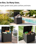 31 Gallon Outdoor Storage Box Waterproof UV Resistant Resin Bin For Patio Cushions Garden Tools Pool Accessories And Packages Lockable Wind Resistant Lid Steel Reinforced Heavy Duty Black by poolside filled with items