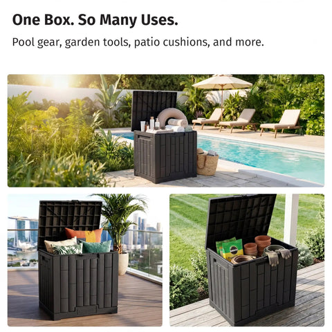 31 Gallon Outdoor Storage Box Waterproof UV Resistant Resin Bin For Patio Cushions Garden Tools Pool Accessories And Packages Lockable Wind Resistant Lid Steel Reinforced Heavy Duty Black by poolside filled with items