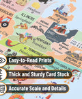 Close-up of United States Map For Kids Poster Large 24.6 By 14.5 Inches Laminated 200Gsm with easy-to-read labels and icons.