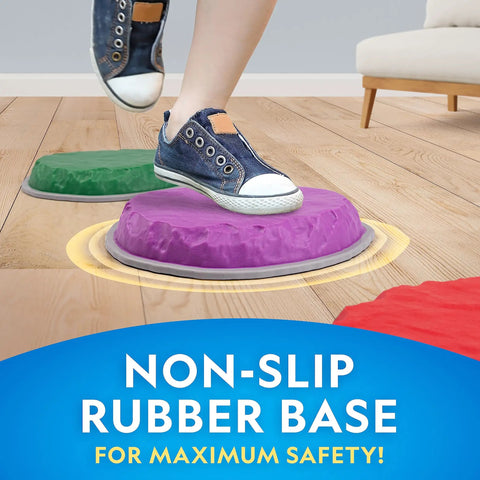 Child stepping on purple Durable Non Slip Stepping Stones For Kids 3 Plus Set Of 10 Colorful Indoor Outdoor Balance