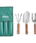 Garden tool set with green bag, metal trowel, fork, and rake on display.