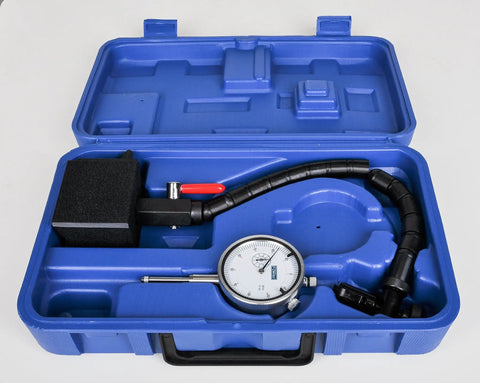 Heavy-Duty Flex Arm Base And Precision Indicator Combo With 85 Lb Hold 1 Inch Travel Two And One Quarter Inch Dial 0.001 Inch Reading 0-100 Revolution Counter For Rock-Solid Positioning In Any Angle, open case