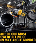 Heavy Duty 20V Brushless Cordless Angle Grinder Kit Featuring Smart Anti Rotation Safety And Portable Powerpack For Badass Metal Cutting And Grinding Tasks No Sweat in action cutting a metal pipe.