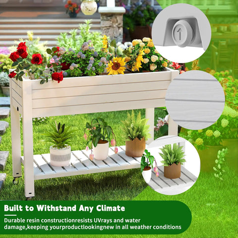 Elevated Garden Bed On Four Legs With Four Lockable Wheels And Storage Shelf For Balcony Patio Backyard Divisible Resin Planter Box 33.6 Inch Tall Back Friendly No Bending Needed Ergonomic Design, shown with flowers and plants on shelf.