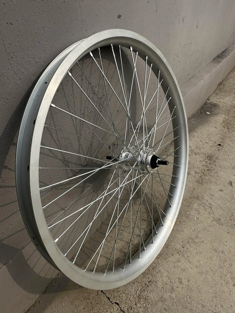 Beefy 26 Inch Bike Rim Wheel Set Built Tough With Double Wall Aluminum Alloy, 12 Gauge 48 Spokes, Silver front wheel angle