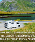 Motorhome parked by scenic lake with mountain backdrop using 7 Inch Caravan Navigation System With Real Time Traffic Preloaded 3D Maps