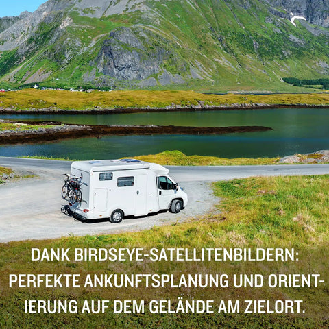 Motorhome parked by scenic lake with mountain backdrop using 7 Inch Caravan Navigation System With Real Time Traffic Preloaded 3D Maps