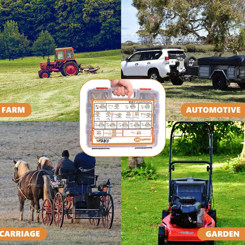 Heavy Duty Hitch Pin Clip Assortment Kit for farm tractors, trailers, trucks, shown with multiple outdoor equipment.