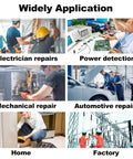 Image showing various applications of the 27 Piece Multimeter Test Leads Kit including repairs and testing in different settings.