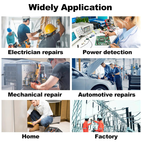 Image showing various applications of the 27 Piece Multimeter Test Leads Kit including repairs and testing in different settings.