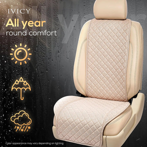 Faux Linen Front Car Seat Cover Non Slip Bucket Seat Protector For Most Cars SUVs Vans Trucks Machine Washable Light Beige