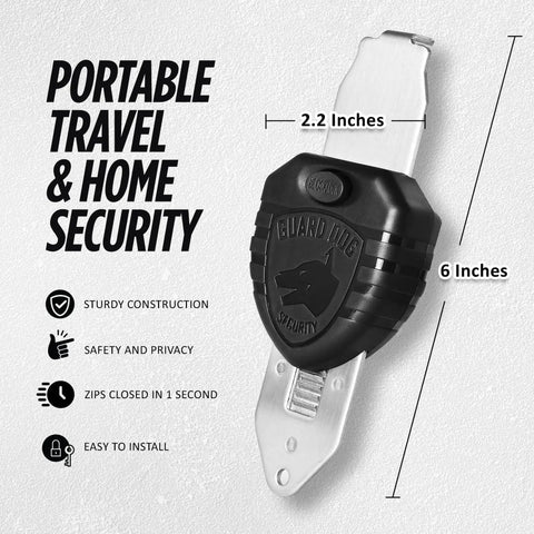 Blocklock Portable Door Lock For Travelers And Renters, durable stainless steel, dimensions shown, easy tool-free installation.