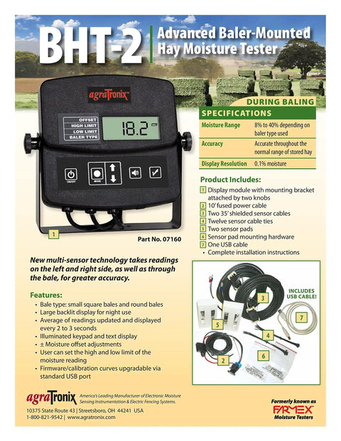 Multi Sensor Baler Mounted Hay Moisture Tester With Readings From Left Right And Through Bale, Big LCD Display For Day Or Night, Updates Every 2 To 3 Seconds, Settable High And Low Moisture Limits, On Farm Pro Grade Tech. BHT-2 display module