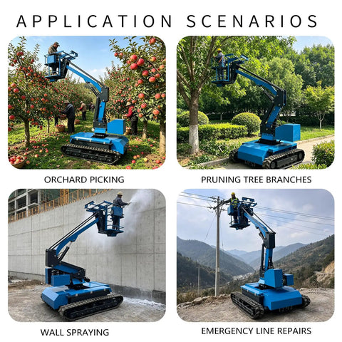 Compact Crawler Workhorse Offering Eighteen Foot Reach And Solid 660 Pound Capacity Self Propelled Rubber Tracked Frame in an orchard.