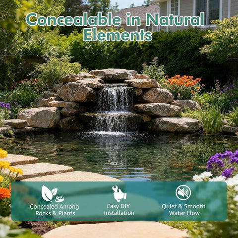 Waterfall Kit With 8 Inch Spillway 660 GPH Pump And Filter Cage 10 Ft Corrugated Tubing Premium Filter Media For Easy Outdoor Garden Ponds And Backyard Water Features No Fuss Setup Ready with natural rock integration in a garden pond.