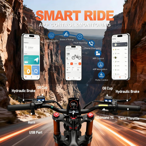 Heavy Duty 5600W Dual Motor Electric Bike For Adults 60V 80Ah Long Range Battery Up To 250 Miles 26X4 Fat Tire Full Suspension Ebike 50Mph handlebars with app control and monitoring features