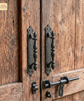 Heavy Duty Cast Iron Door Pull Handles Set Of 2 In Rustic Black with Colonial Victorian style on barn doors
