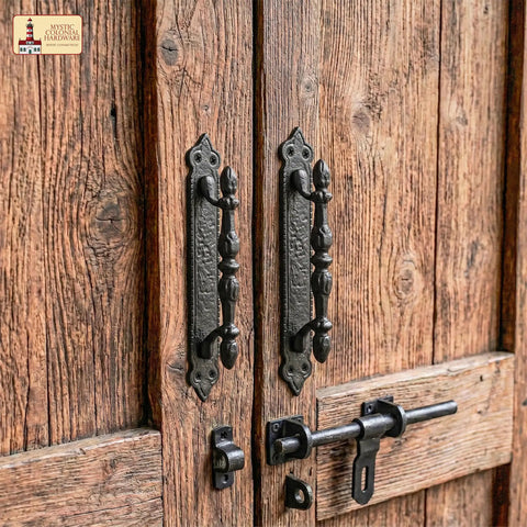 Heavy Duty Cast Iron Door Pull Handles Set Of 2 In Rustic Black with Colonial Victorian style on barn doors