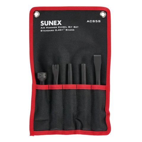 Air Hammer Chisel Set In Portable Tool Roll, 5-Piece With Beefy Bits And.401 Shank displayed in open tool roll