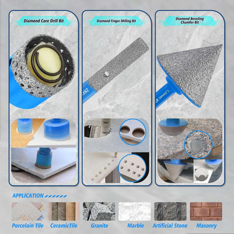 Tile hole saw kit collage (16pc) by Amazon with blue handles and diamond drill bits for ceramic tiles; multiple sizes.