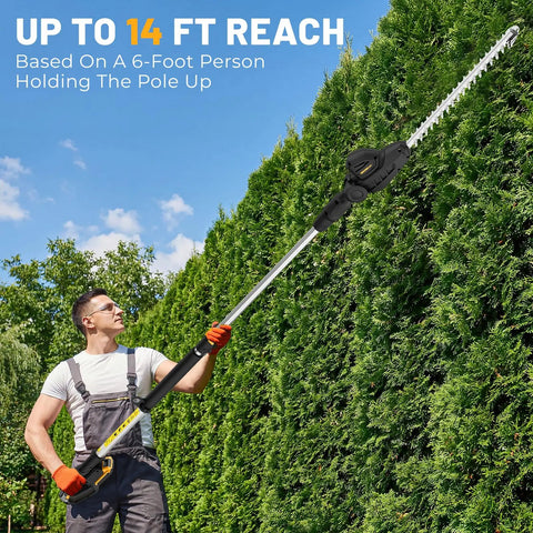 Man using Cordless Pole Hedge Trimmer With 14-Foot Reach And 18-Inch Cutting Head to trim tall hedges outside.
