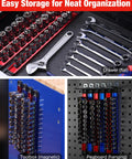 Deadset Reliable Magnetic Socket Organizer Slick Push Button Sliding Rail For Super Tight Toolbox Storage Quick Add Remove Clips Rapid Swap Three Eighths Drive Ratchet Tools displayed in drawer, magnetic toolbox, and pegboard.